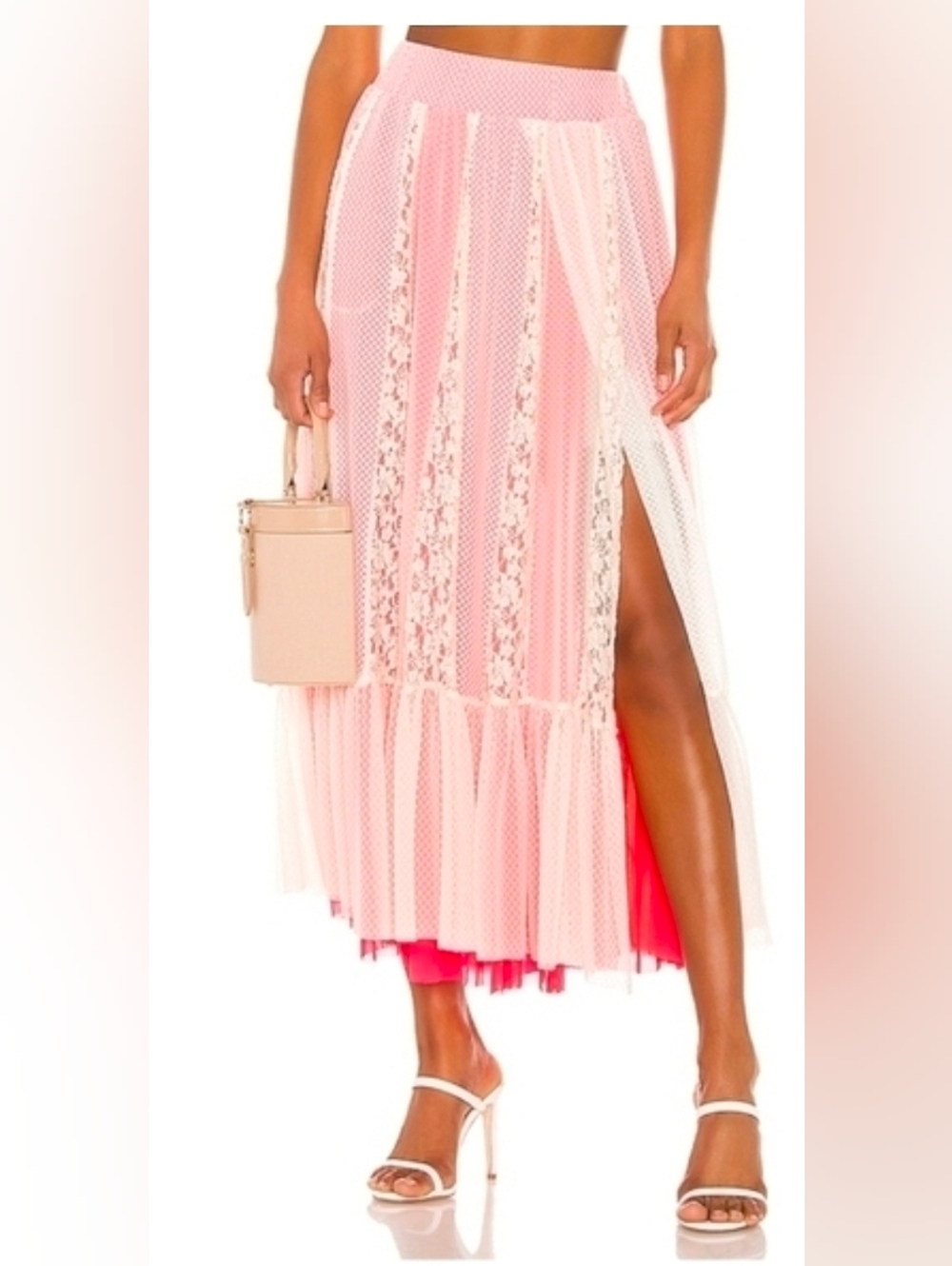 HAH Pleated Lace-Panel Maxi Skirt in Light Pink Size XS/S